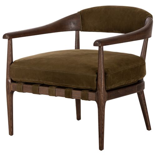 Cottswald Accent Chair, Moss Nubuck Leather/Brown Ash