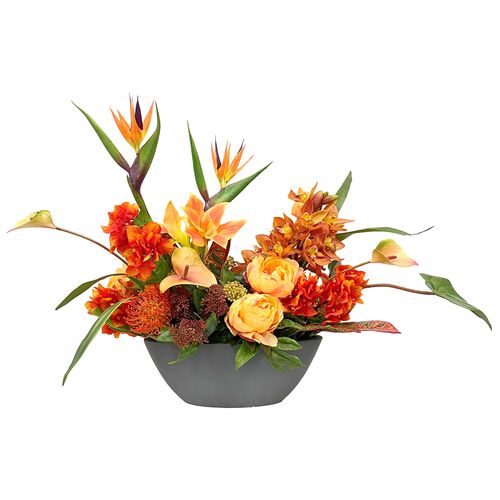 Faux Tropical Florals in Oval Planter, Orange/Green
