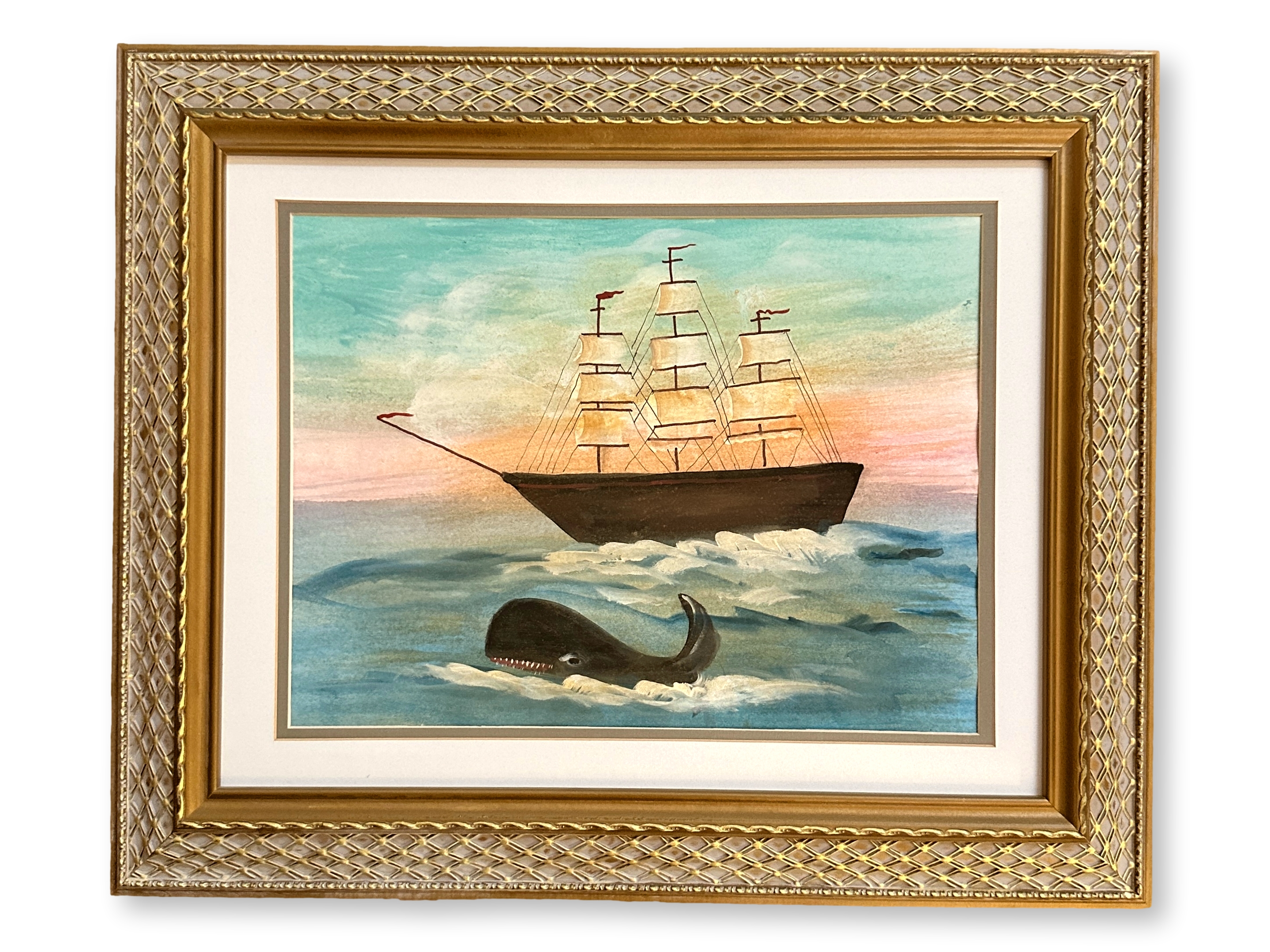 Folk Art Clipper Ship & Whale Watercolor