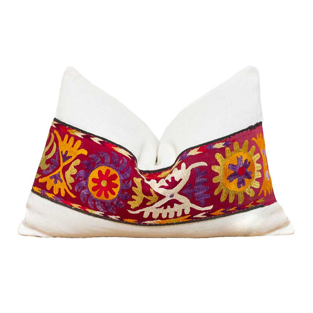 24" Bisan Antique Uzbek Suzani Linen Lumbar Pillow~P77698460