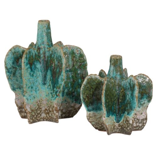 S/2 Urbano Porcelain Vases, Turquoise/Brown