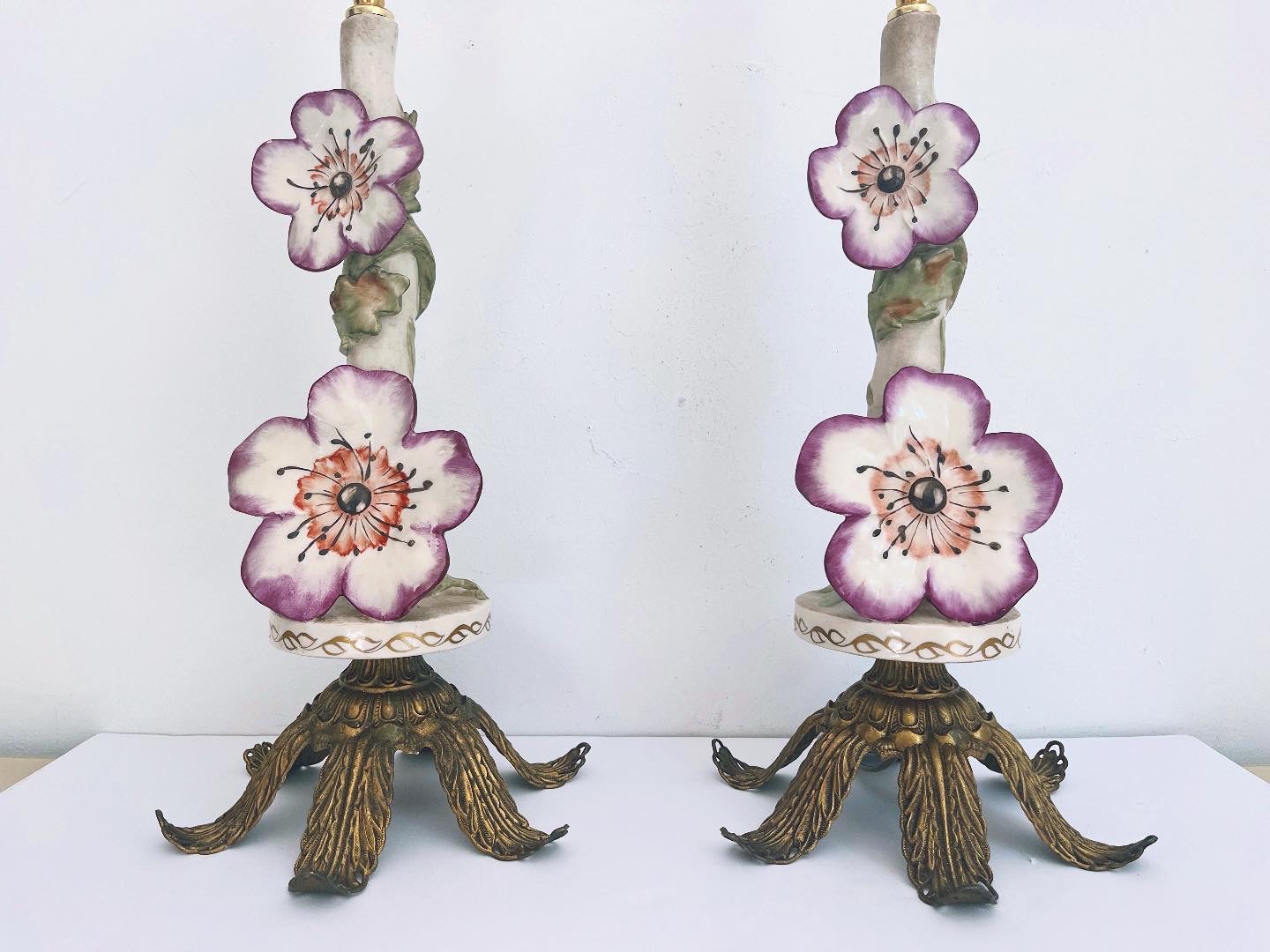 Woodand Floral Lamps by Cordey, Pair~P77751832