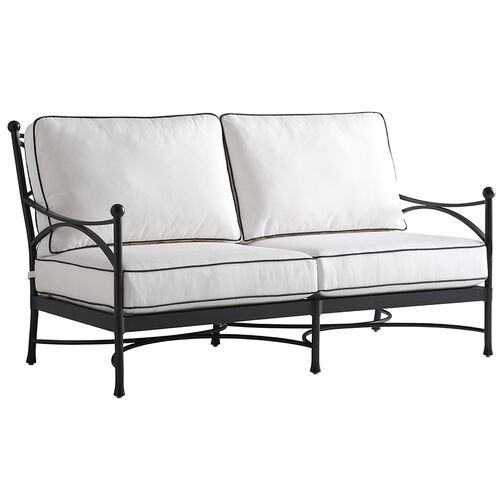 Pavlova Outdoor Aluminum Love Seat, Black/White Sunbrella