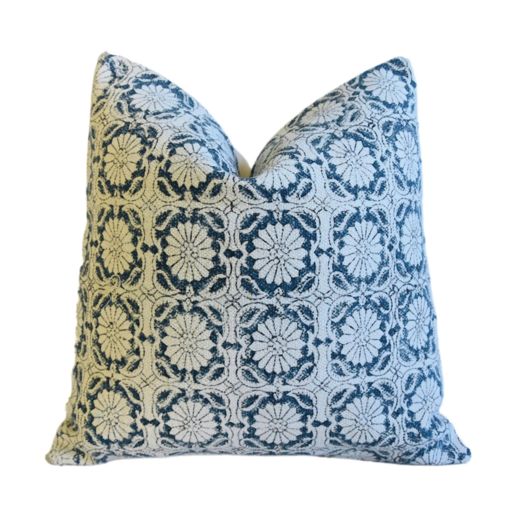 Hand-Printed Blue Floral Cotton Pillow~P77718868