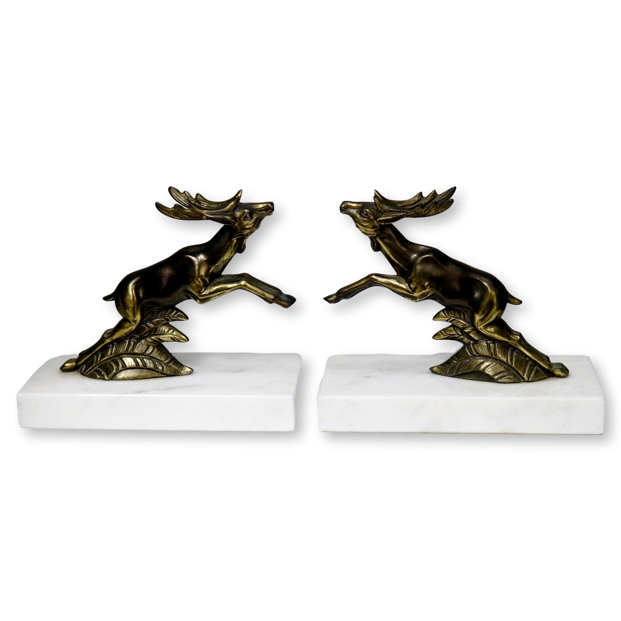Midcentury Brass & Marble Deer Bookends~P77575033
