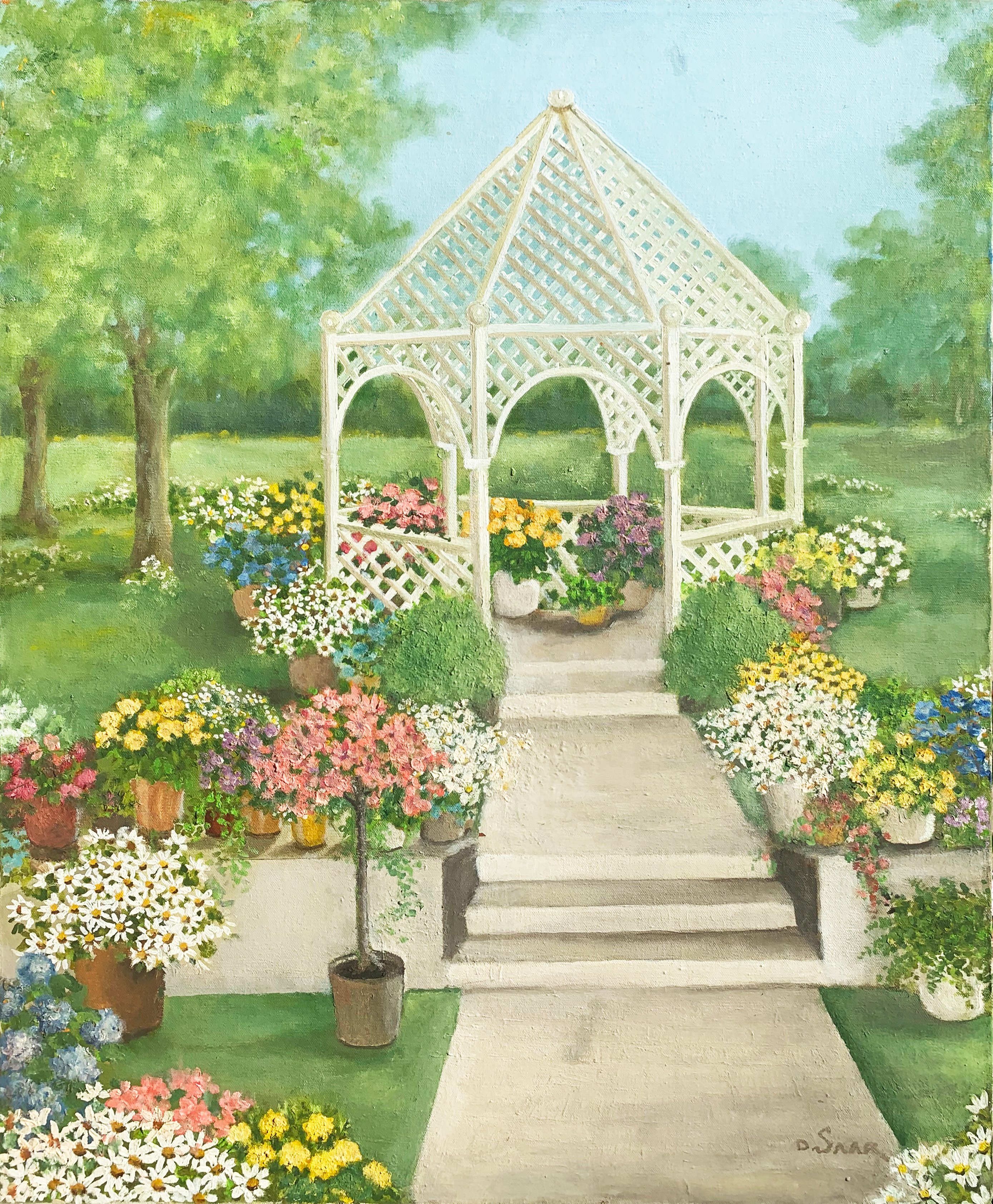 Wooden Pergola Surrounded by Flowers~P77610298