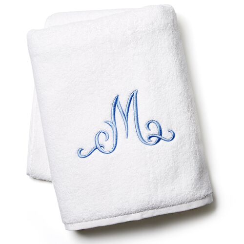 Script Monogram Bath Sheet, White/Blue