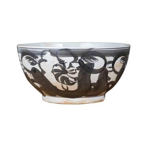 8" Porcelain Bowl Twisted Flower Motif, Black