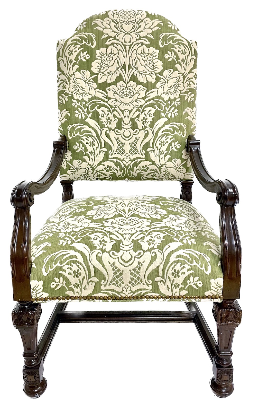 Carved & Green Floral Damask Armchair~P77679511