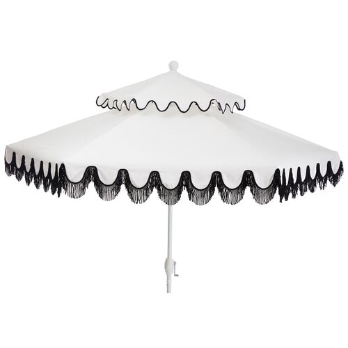 Daiana Two-Tier Fringe Patio Umbrella, White/Black Fringe~P77524365