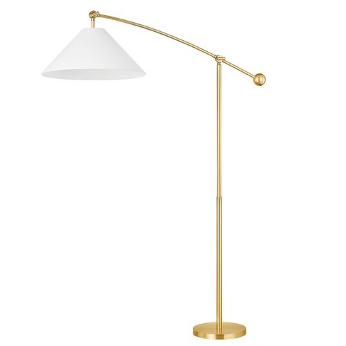 Birdie Adjustable Floor Lamp, White Linen/Aged Brass