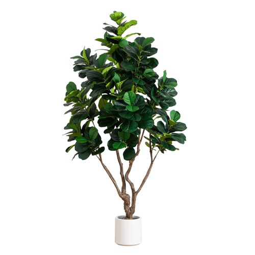 Faux Grand Fiddle Leaf Tree in White Decorative Planter