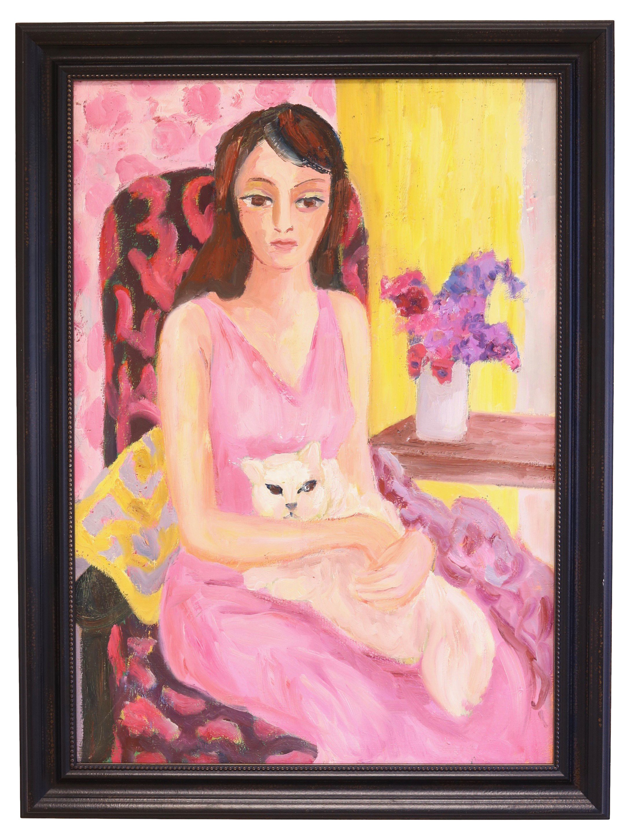 Midcentury French Portrait of Girl & Cat~P77551378