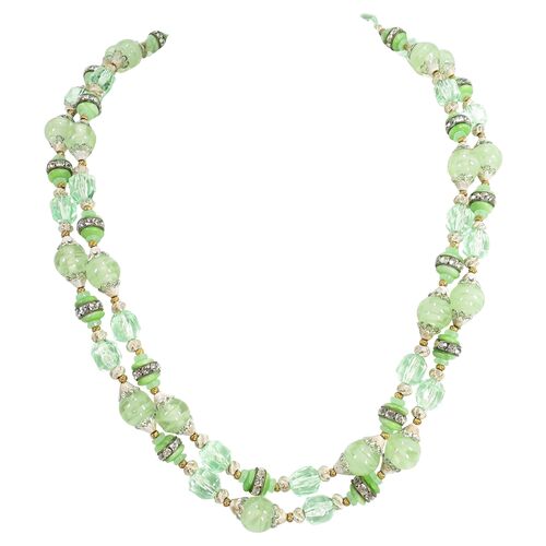 1950s Green Art Glass &amp; Crystal Necklace~P77540695