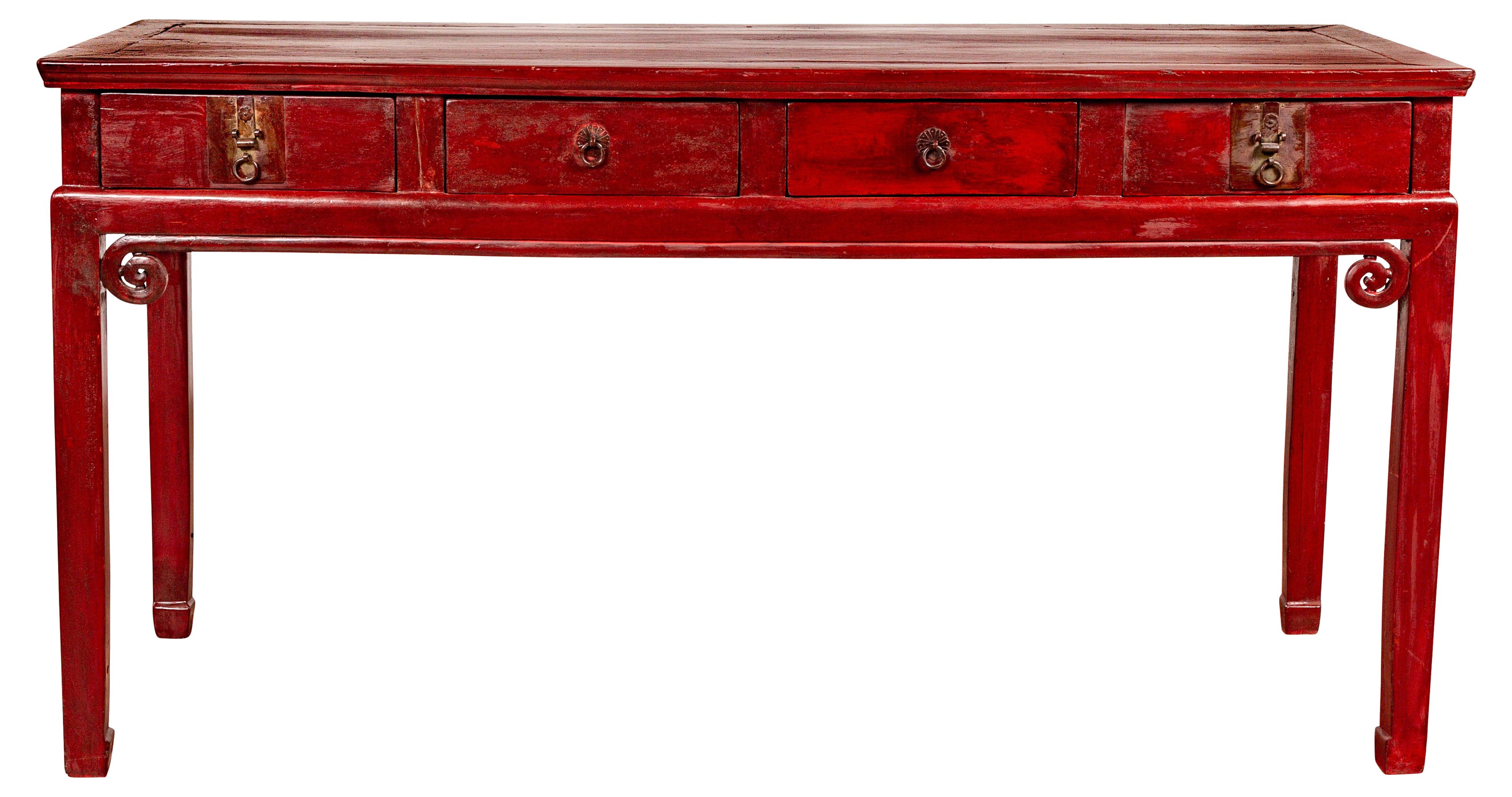 Chinese Antique Red Lacquered Wood Desk~P77555076