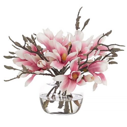 14" Magnolia Arrangement in Glass Vase, Faux