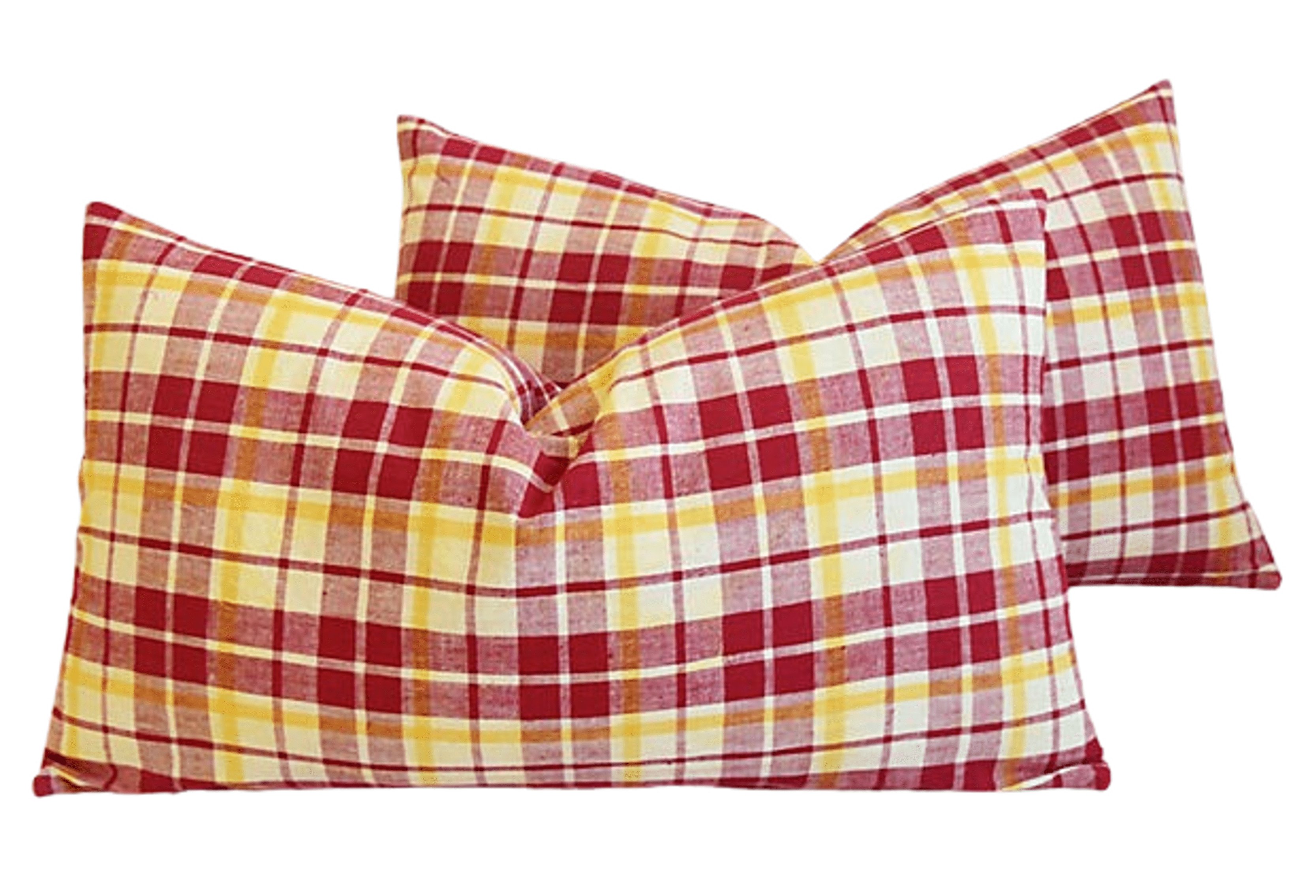 French Red & Yellow Plaid Pillows, Pair~P77596302