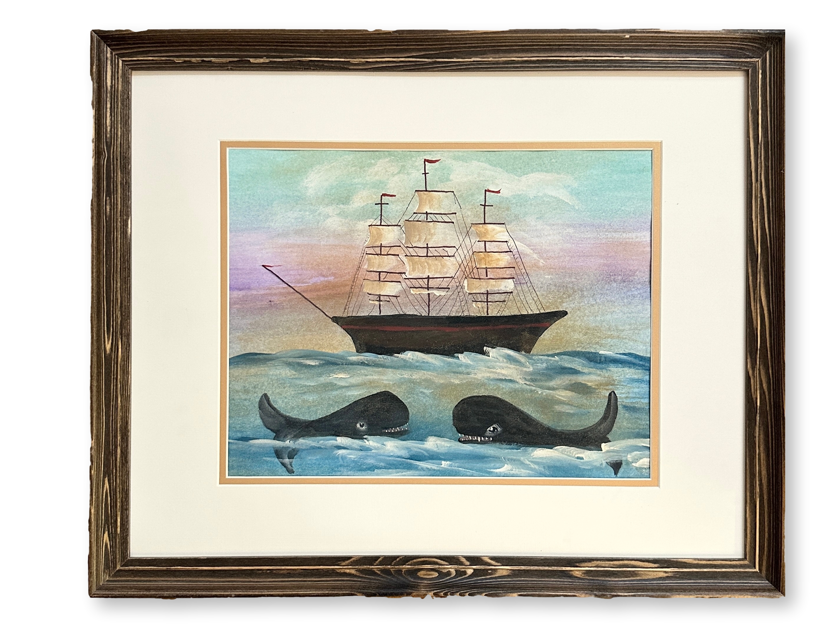 Folk Art Schooner w/ Whales Watercolor