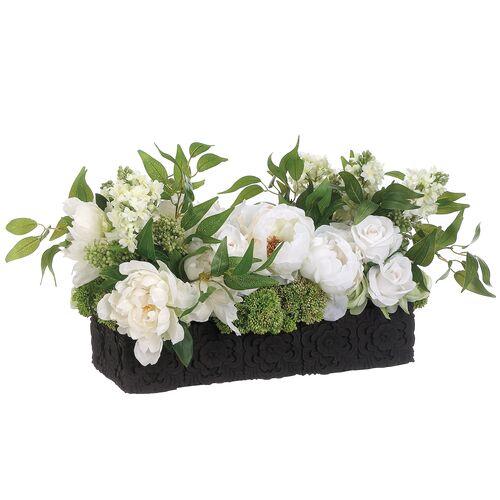 12.5" Mix Lilac/Rose/Peony Arrangement in Carving Pot, Faux 12.5" Mix Lilac/Rose/Peony Arrangement in Carving Pot, Faux